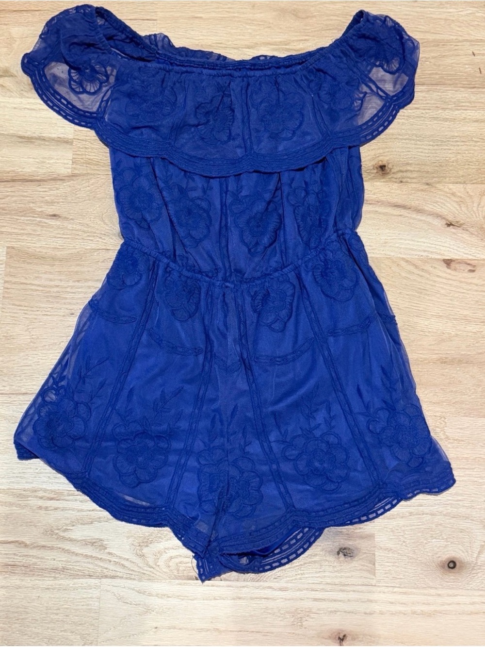 Blue Embroidered Off-Shoulder Romper